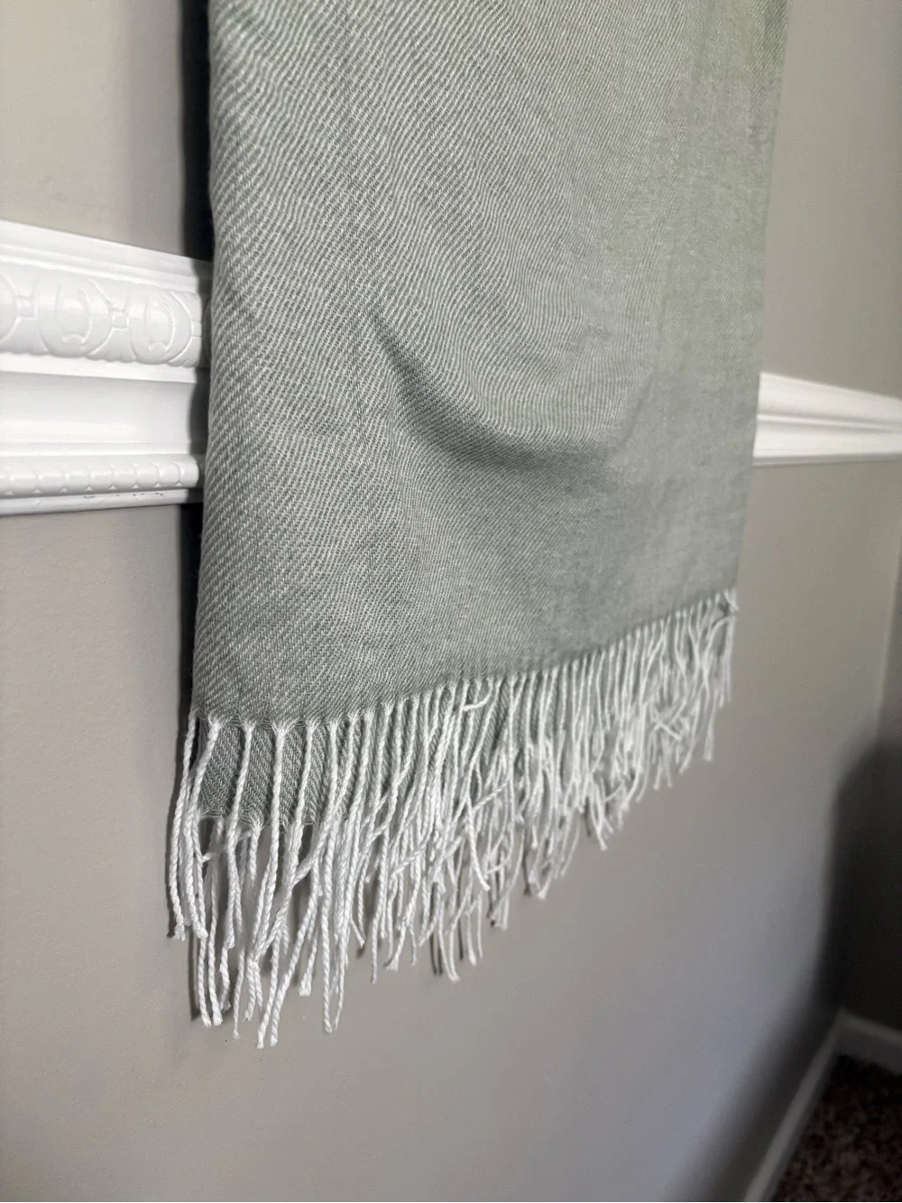 IKEA Mint Green Cream Herringbone Fringe Throw Blanket Wrap Shawl 62” x 52”